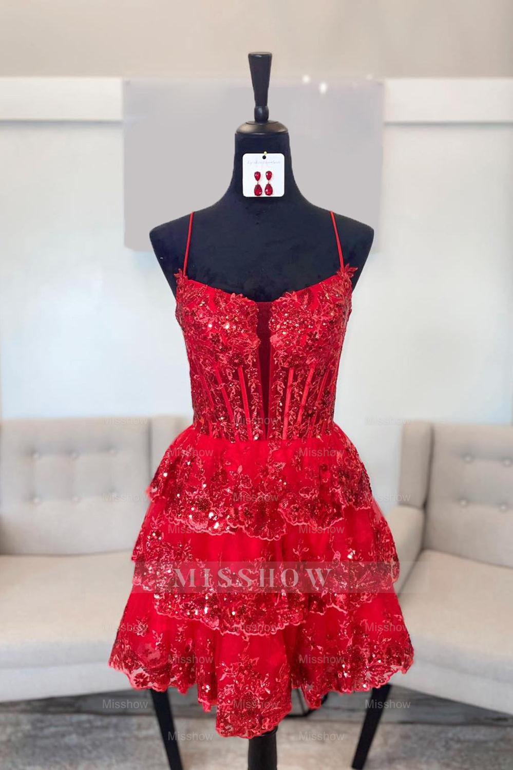 Misshow Sparkly Blue A Line Corset Tiered Short Homecoming Dress/Mini Dress