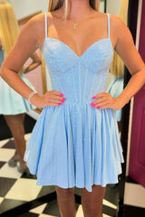 Misshow Sparkly Blue Beaded Corset A Line Short Homecoming Dress/Mini Dress