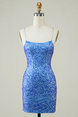 Misshow Sparkly Blue Beaded Lace-Up Back Tight Short Homecoming Dress/Mini Dress