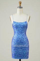 Misshow Sparkly Blue Beaded Lace-Up Back Tight Short Homecoming Dress/Mini Dress