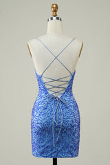 Misshow Sparkly Blue Beaded Lace-Up Back Tight Short Homecoming Dress/Mini Dress