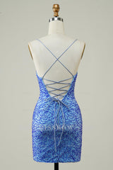 Misshow Sparkly Blue Beaded Lace-Up Back Tight Short Homecoming Dress/Mini Dress