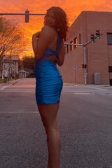 Misshow Sparkly Blue Beaded Tight Short Homecoming Dress/Mini Dress