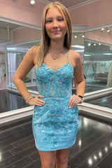 Misshow Sparkly Blue Corset Floral Tight Short Homecoming Dress/Mini Dress with Lace