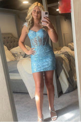 Misshow Sparkly Blue Corset Sequins Tight Short Homecoming Dress/Mini Dress With Feathers
