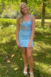 Misshow Sparkly Blue Corset Sequins Tight Short Homecoming Dress/Mini Dress With Feathers