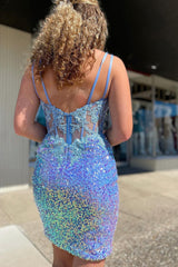 Misshow Sparkly Blue Corset Sequins Tight Short Homecoming Dress/Mini Dress with Lace