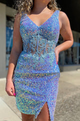 Misshow Sparkly Blue Corset Sequins Tight Short Homecoming Dress/Mini Dress with Lace