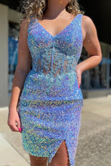 Misshow Sparkly Blue Corset Sequins Tight Short Homecoming Dress/Mini Dress with Lace