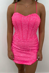 Misshow Sparkly Blue Corset Sequins Tight Short Homecoming Dress/Mini Dress with Slit