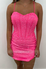 Misshow Sparkly Blue Corset Sequins Tight Short Homecoming Dress/Mini Dress with Slit