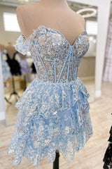 Misshow Sparkly Blue Corset Tiered Lace A-Line Short Homecoming Dress/Mini Dress