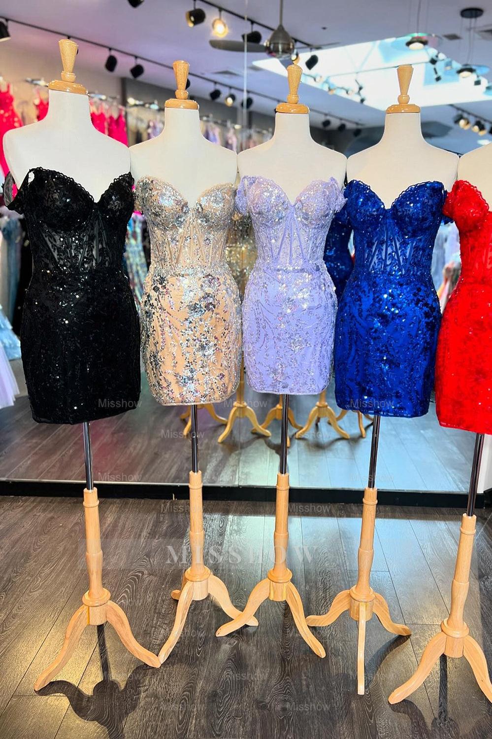 Misshow Sparkly Blue Corset Tight Short Homecoming Dress/Mini Dress with Lace