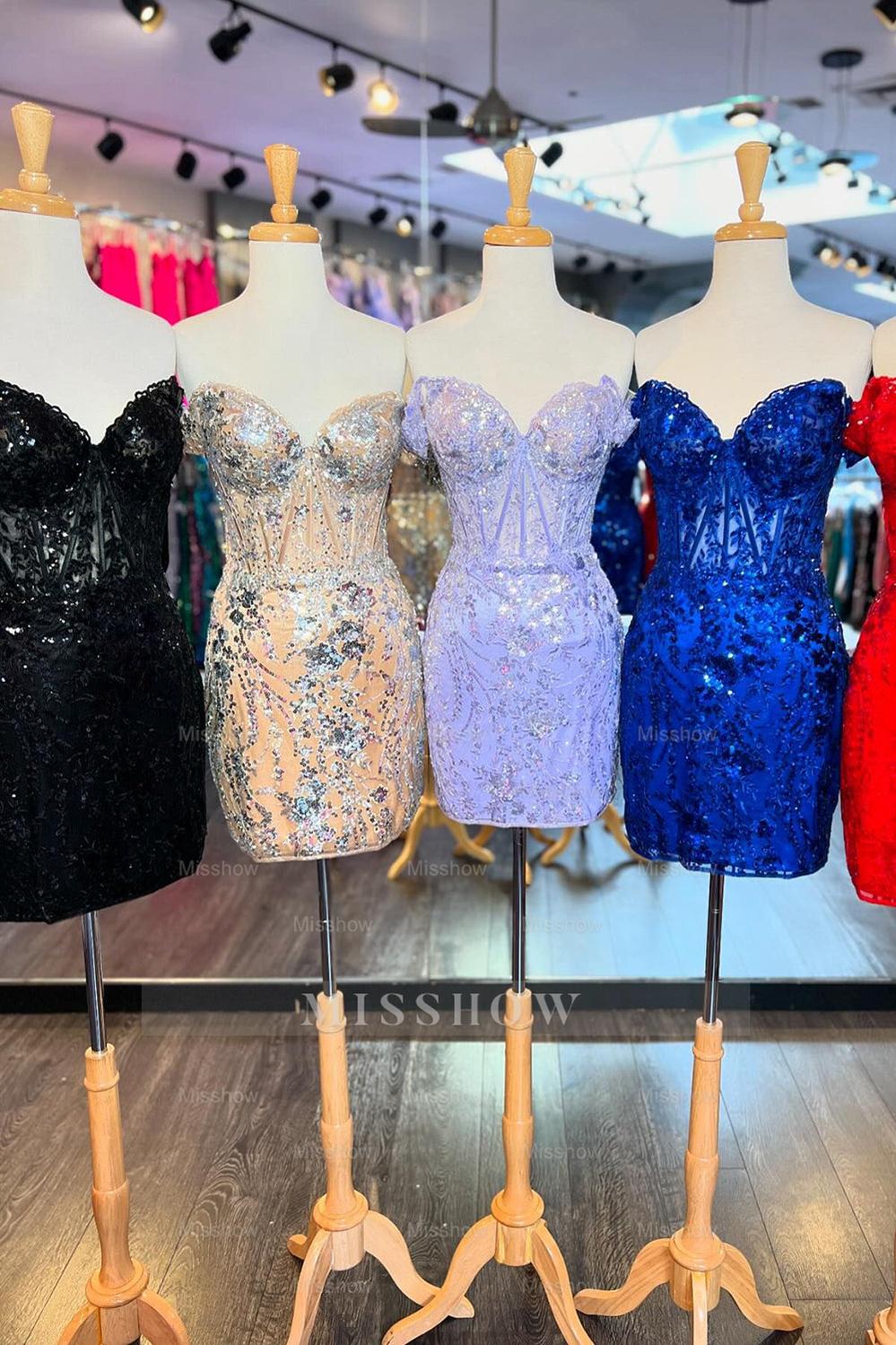 Misshow Sparkly Blue Corset Tight Short Homecoming Dress/Mini Dress with Lace