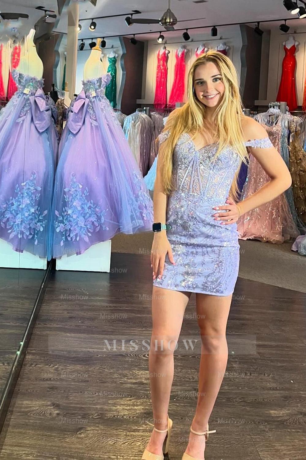 Misshow Sparkly Blue Corset Tight Short Homecoming Dress/Mini Dress with Lace
