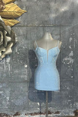 Misshow Sparkly Blue Corset Top Beaded Tight Short Homecoming Dress/Mini Dress