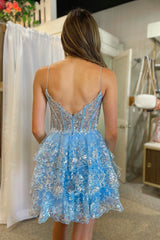 Misshow Sparkly Blue Corset Top Spaghetti Straps A-Line Lace Short Homecoming Dress/Mini Dress