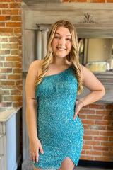 Misshow Sparkly Blue Fringed One Shoulder Tight Sequins Short Homecoming Dress/Mini Dress