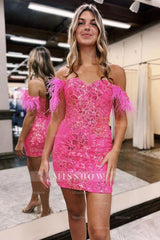 Misshow Sparkly Blue Lace Sequined Tight Short Homecoming Dress/Mini Dress with Feathers