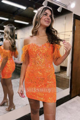 Misshow Sparkly Blue Lace Sequined Tight Short Homecoming Dress/Mini Dress with Feathers