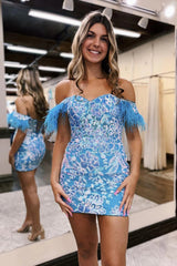 Misshow Sparkly Blue Lace Sequined Tight Short Homecoming Dress/Mini Dress with Feathers