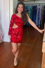 Misshow Sparkly Blue One Shoulder Cut Out Tight Mirror Short Homecoming Dress/Mini Dress