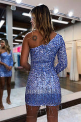 Misshow Sparkly Blue One Shoulder One Sleeve Sequins Short Homecoming Dress/Mini Dress with Fringes