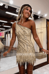 Misshow Sparkly Blue One Shoulder Sequins Tight Short Hoco Dress with Fringes