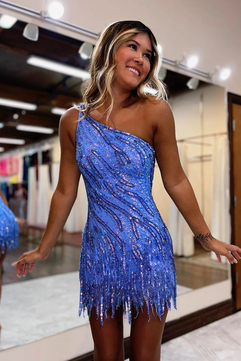 Misshow Sparkly Blue One Shoulder Sequins Tight Short Hoco Dress with Fringes