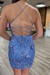 Misshow Sparkly Blue Sequined Beaded Backless Tight Short Homecoming Dress/Mini Dress