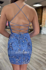 Misshow Sparkly Blue Sequined Beaded Backless Tight Short Homecoming Dress/Mini Dress