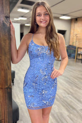 Misshow Sparkly Blue Sequined Beaded Backless Tight Short Homecoming Dress/Mini Dress