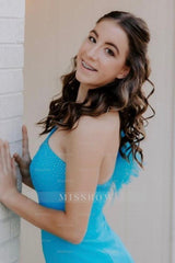Misshow Sparkly Blue Sequined One Shoulder Tight Short Homecoming Dress/Mini Dress with Feathers