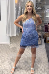 Misshow Sparkly Blue Sequined One Shoulder Tight Short Homecoming Dress/Mini Dress with Fringes