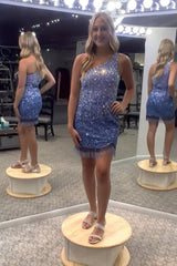 Misshow Sparkly Blue Sequined One Shoulder Tight Short Homecoming Dress/Mini Dress with Fringes