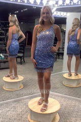 Misshow Sparkly Blue Sequined One Shoulder Tight Short Homecoming Dress/Mini Dress with Fringes