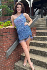 Misshow Sparkly Blue Sequined One Shoulder Tight Short Homecoming Dress/Mini Dress with Fringes