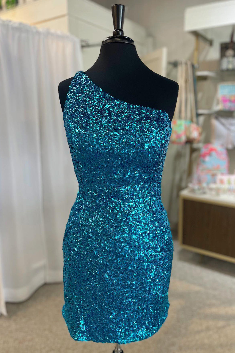 Misshow Sparkly Blue Sequined One Shoulder Tight Short Homecoming Dress/Mini Dress