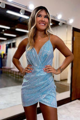 Misshow Sparkly Blue Sequins Asymmetrical Tight Short Homecoming Dress/Mini Dress
