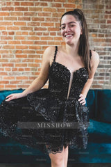 Misshow Sparkly Blue Sequins Corset Short Homecoming Dress/Mini Dress With Ruffles