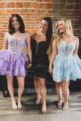 Misshow Sparkly Blue Sequins Corset Short Homecoming Dress/Mini Dress With Ruffles