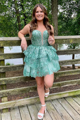 Misshow Sparkly Blue Sequins Corset Short Homecoming Dress/Mini Dress With Ruffles