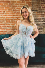 Misshow Sparkly Blue Sequins Corset Short Homecoming Dress/Mini Dress With Ruffles