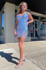 Misshow Sparkly Blue Sequins Tight Short Homecoming Dress/Mini Dress with Fringes