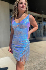 Misshow Sparkly Blue Sequins Tight Short Homecoming Dress/Mini Dress with Fringes