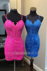 Misshow Sparkly Blue Spaghetti Straps Corset Lace Tight Short Homecoming Dress/Mini Dress