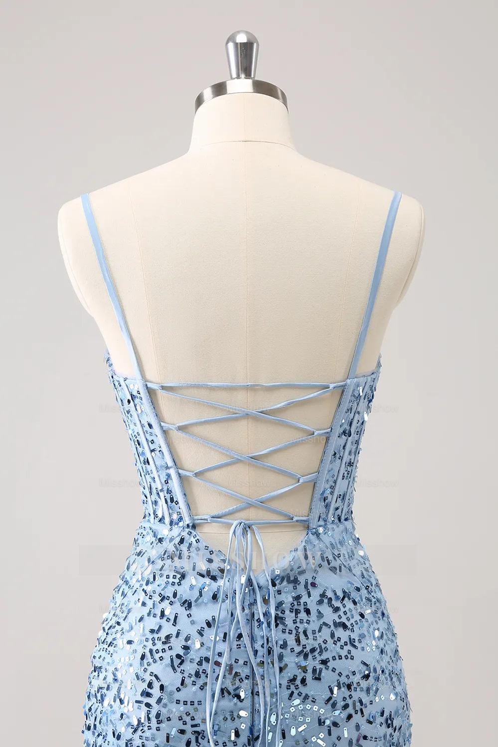 Misshow Sparkly Blue Spaghetti Straps Corset Tight Short Homecoming Dress/Mini Dress