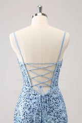 Misshow Sparkly Blue Spaghetti Straps Corset Tight Short Homecoming Dress/Mini Dress
