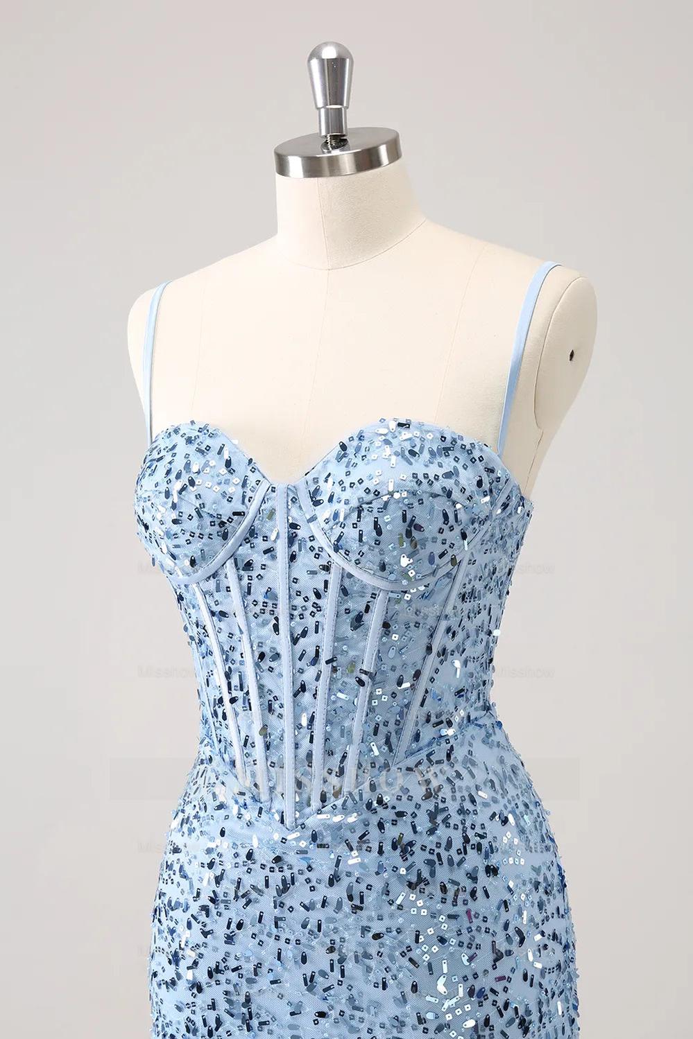 Misshow Sparkly Blue Spaghetti Straps Corset Tight Short Homecoming Dress/Mini Dress