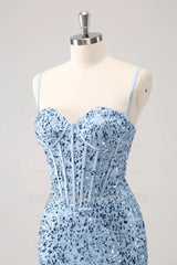 Misshow Sparkly Blue Spaghetti Straps Corset Tight Short Homecoming Dress/Mini Dress